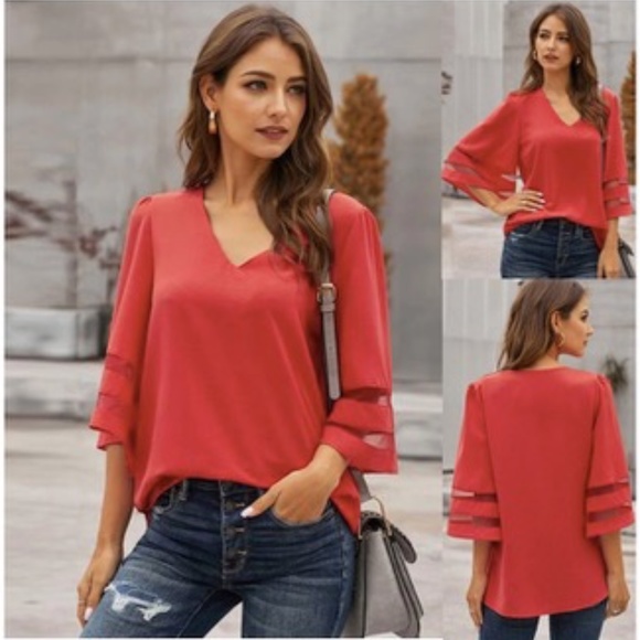 Red Bell Sleeve Tunic Swing Blouse Contrast Mesh Panels on Sleeves, NWOT, Small - Picture 2 of 15